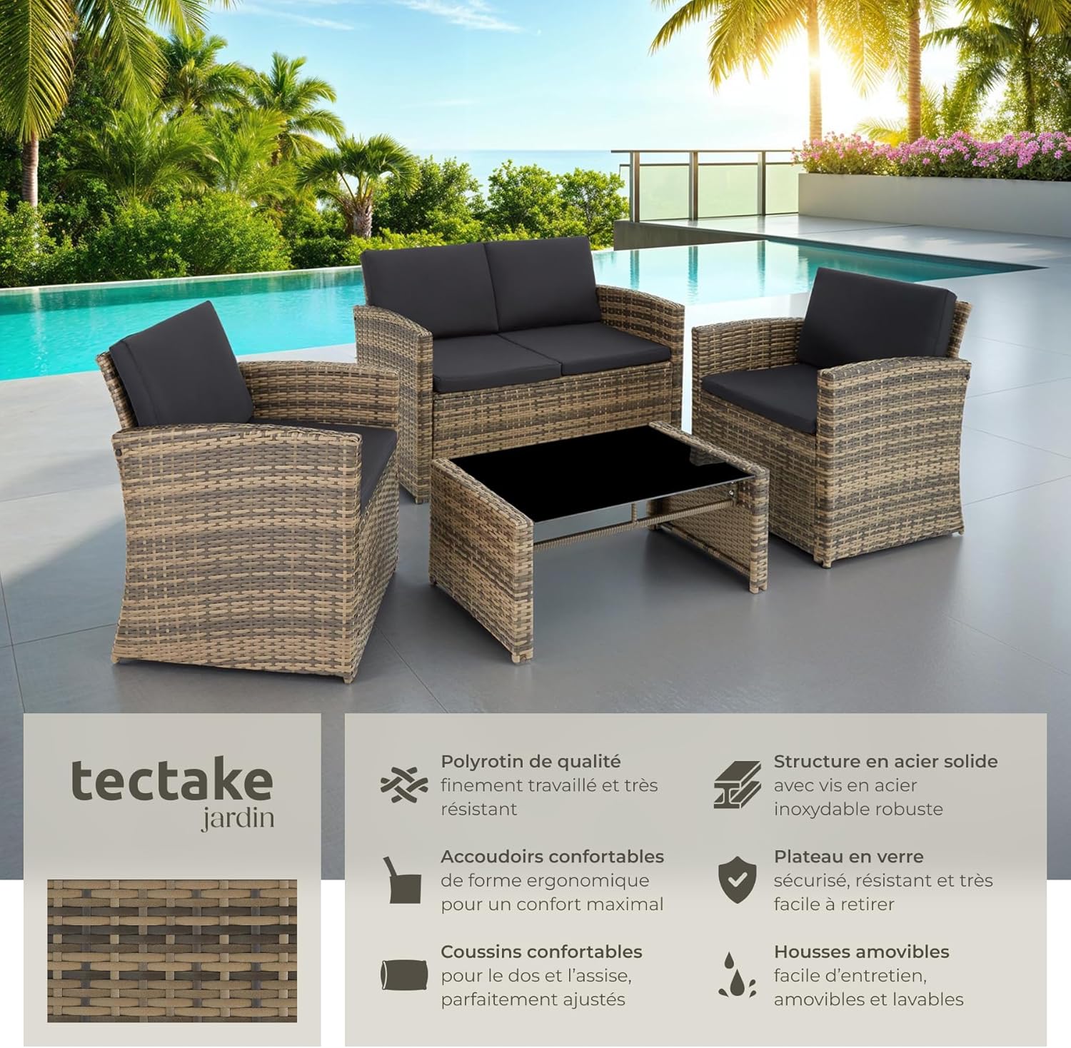 tectake - Salon de jardin 4 places, coussins inclus, résine tressée, marron