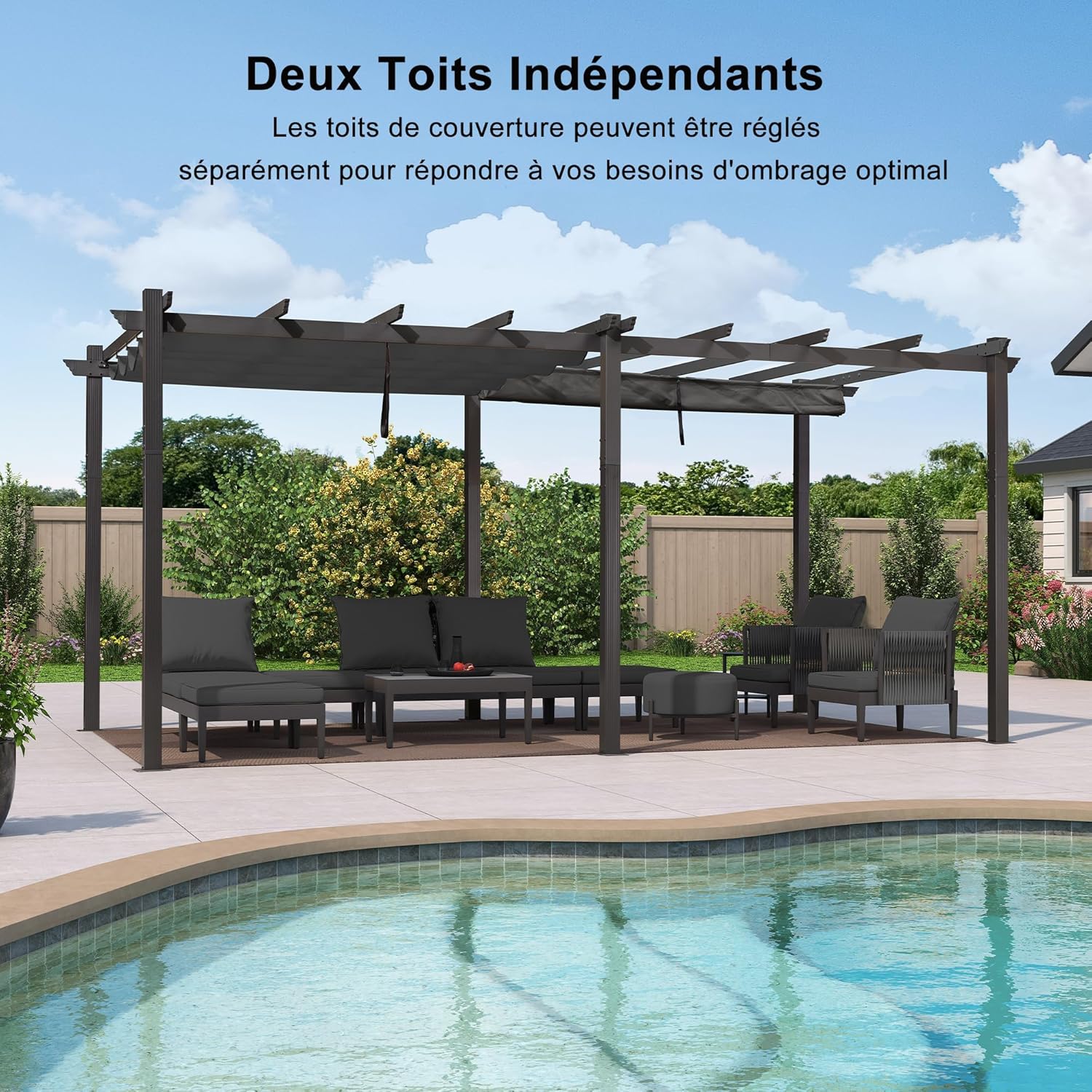 Purple Leaf - Pergola Aluminium 5.5 x 3.5 m - Éclairage LED intégré, toit rétractable, tissu teinté, structure résistant