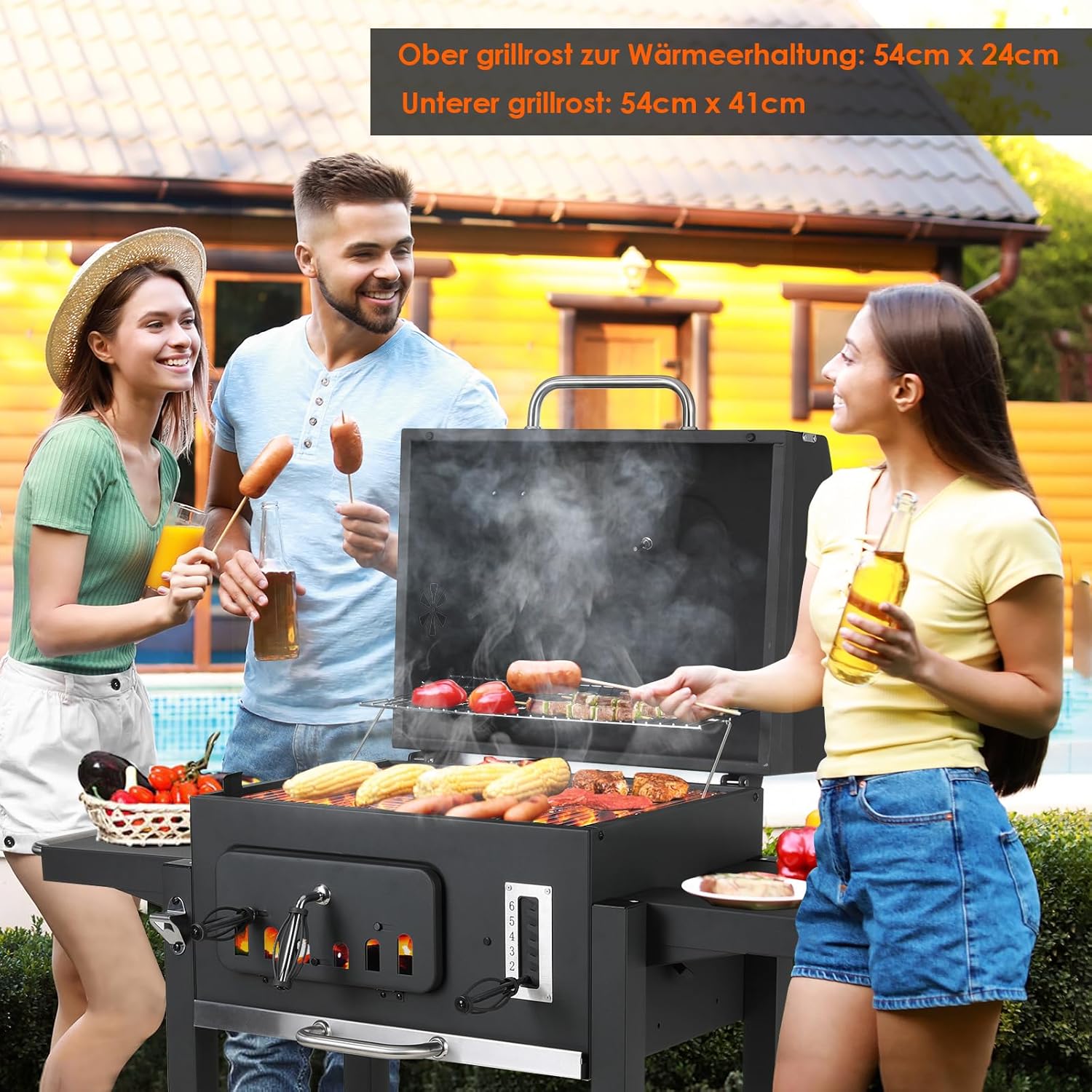 TLSUNNY - Barbecue XXL, charbon, couvercle, roues, thermomètre - TLSUNNY