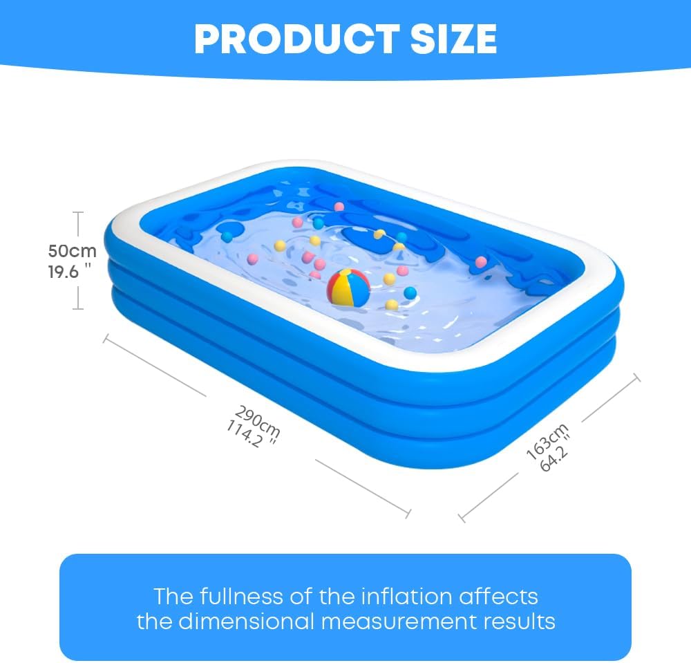 GALAXYER Piscine Gonflable rectangulaire à 3 Anneaux pour Enfants, Tout-Petits et Adultes, Piscine intérieure et extérieure, 290 × 163 × 50 CM