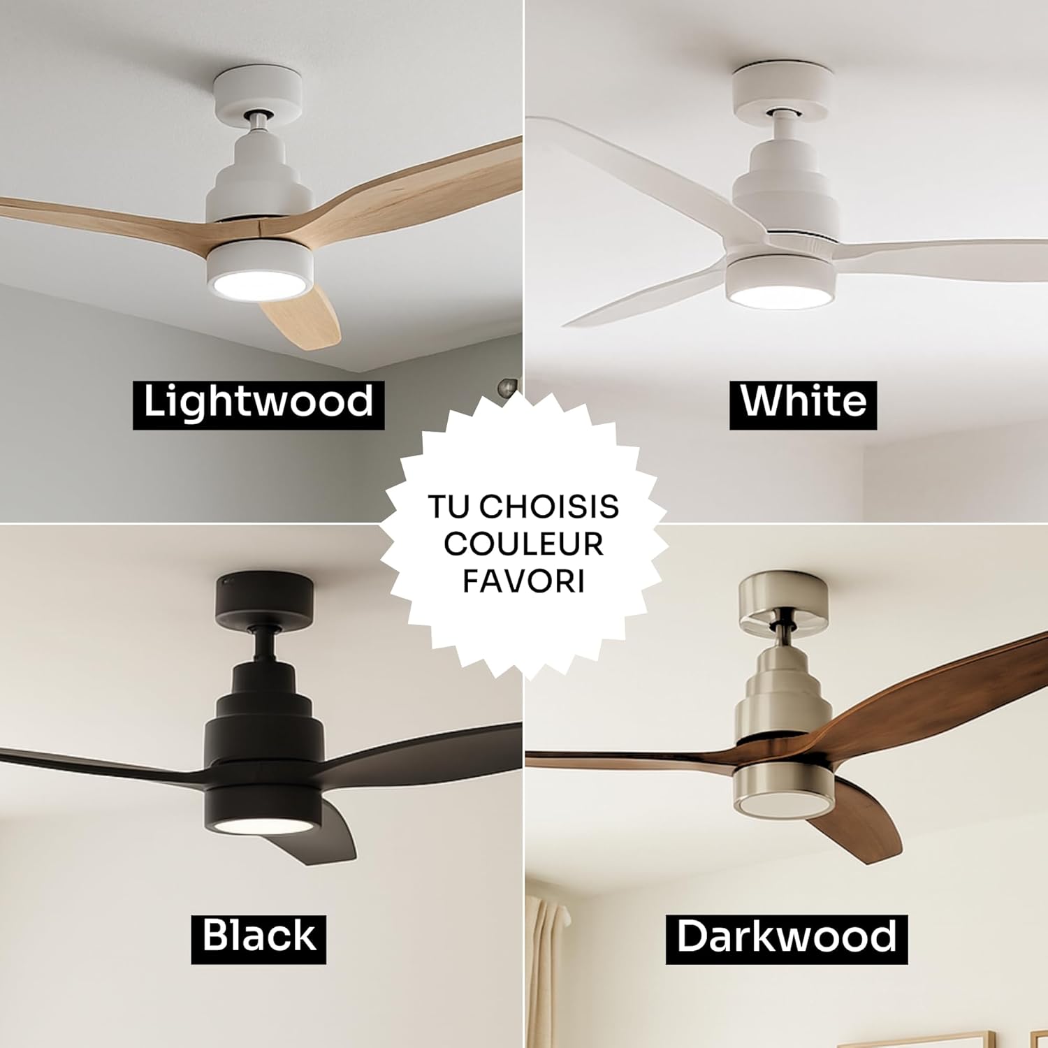 Mellerware - Ventilateur de plafond avec télécommande Brizy! Bright 45W | Lampe puissante | Ultra silencieux | 3 lames | Diamètre 132cm | 6 vitesses | Refroidissement + LED intégrée | Bois foncé
