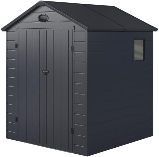 Jôbu - Abri de Jardin Résine série anthracite - 3,65m² - double porte, fenêtre, aération, structure acier, kit inclus