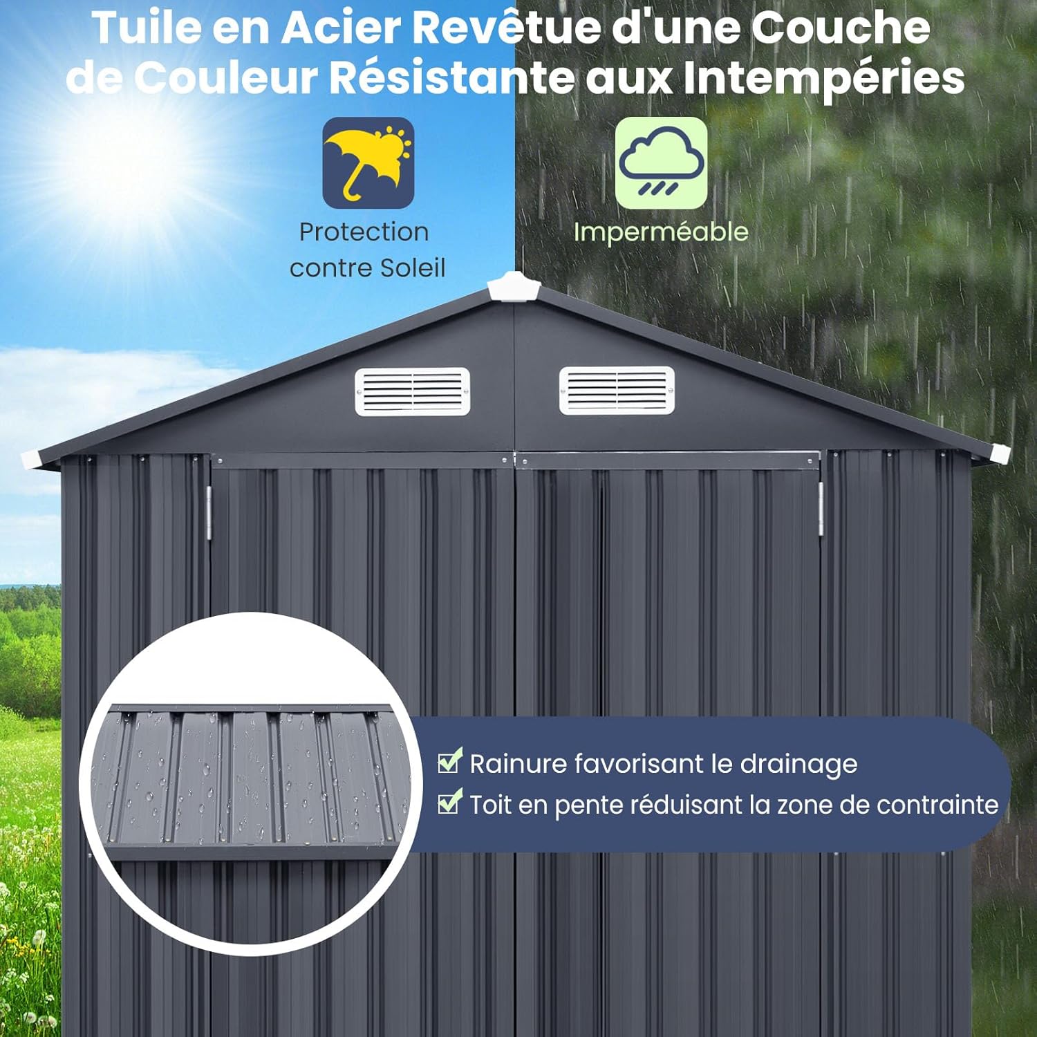 COSTWAY Abri de Jardin Métal Galvanisé 3,4 m³,Double Porte Verrouillable avec Clé, Cabane de Jardin Exterieur, Abri Rangement Exterieur pour Vélo, Poubelle, Outil
