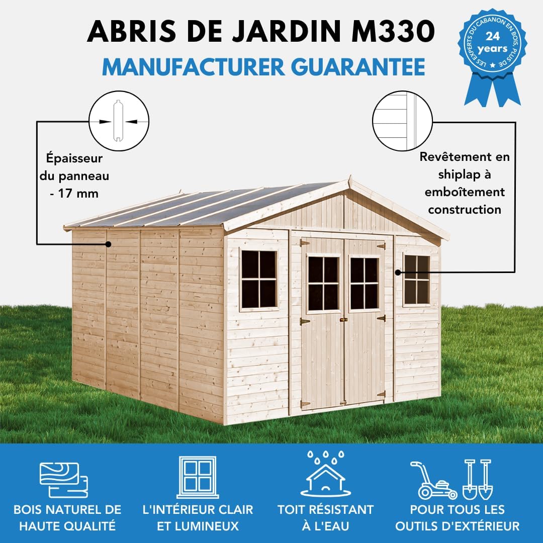 Timbela - abri de jardin bois 16m², fenêtres, 418x420x246cm - M330