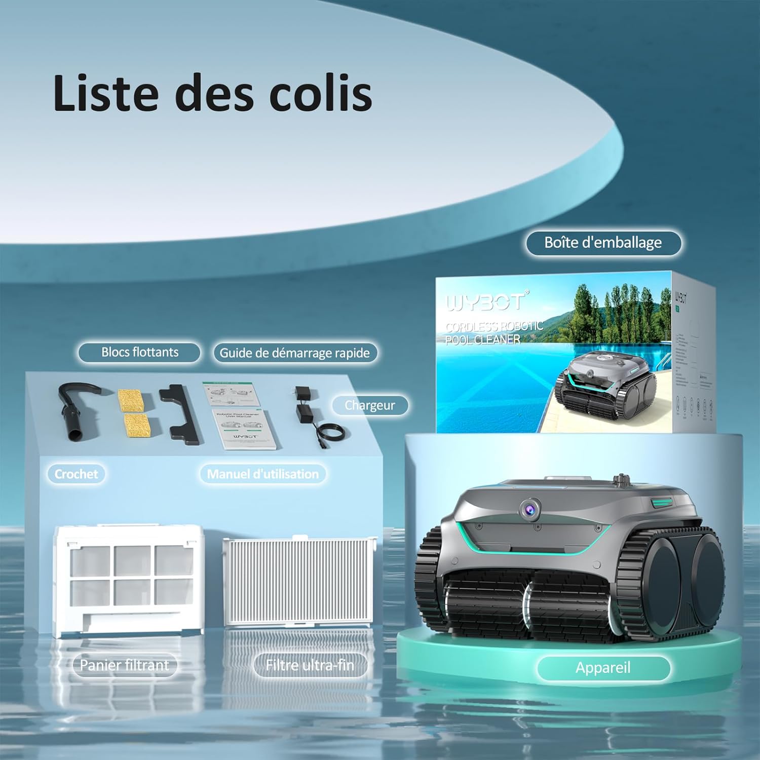 WYBOT - Robot piscine C2 Vision AI - 180m² - sol/mur, caméra, sans fil