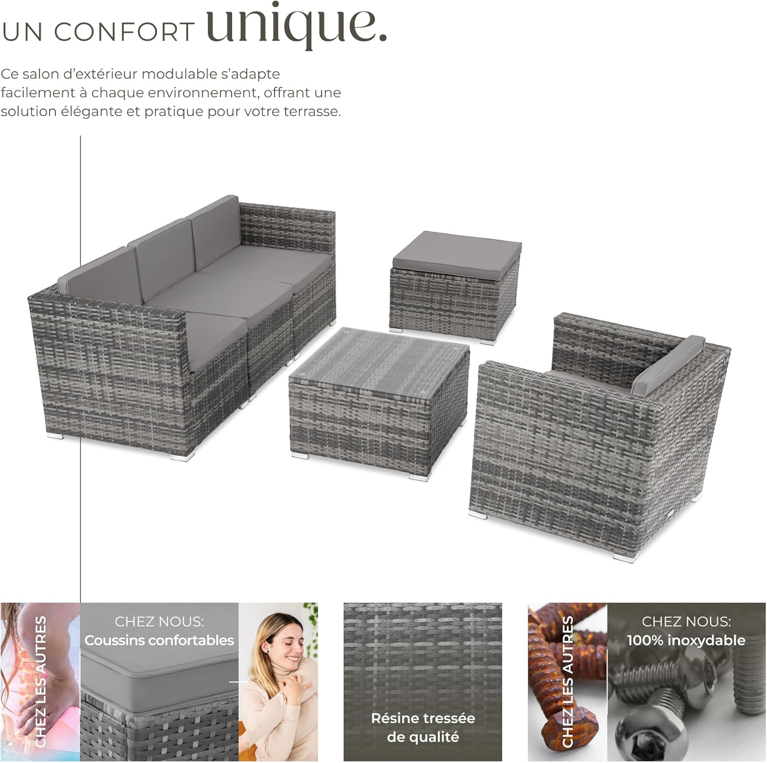 tectake - Ensemble Poly Rotin 5 places modulable dimensions, salon extérieur