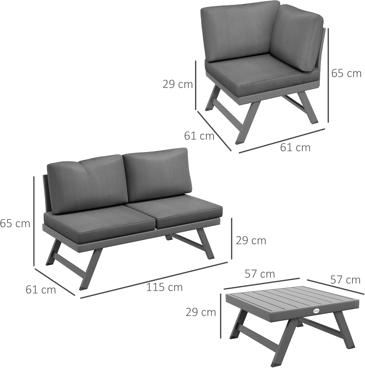 Outsunny - Salon de jardin d’angle 4 places, alu/acier, banquettes, table basse, gris