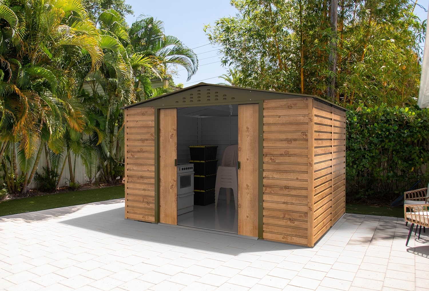 Duramax Alpine 10 x 8 (7,82 m²) Abri de Jardin en métal avec Base, Acier galvanisé à Chaud, Structure de Toit renforcée, Abri de Jardin sans Entretien et résistant aux intempéries, Grain de Bois