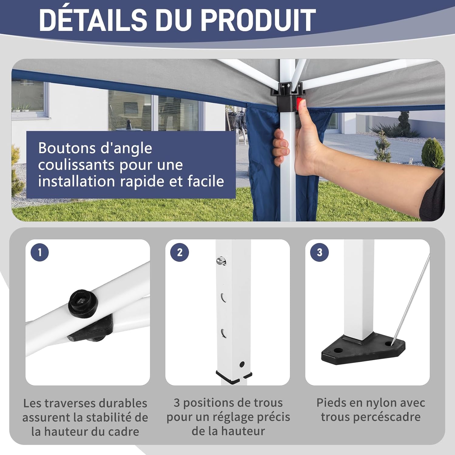 LEADZM - tonnelle pliable série, 3x3m, imperméable, anti-UV, hauteur ajustable, 4 moustiquaires, structure stable, bleu