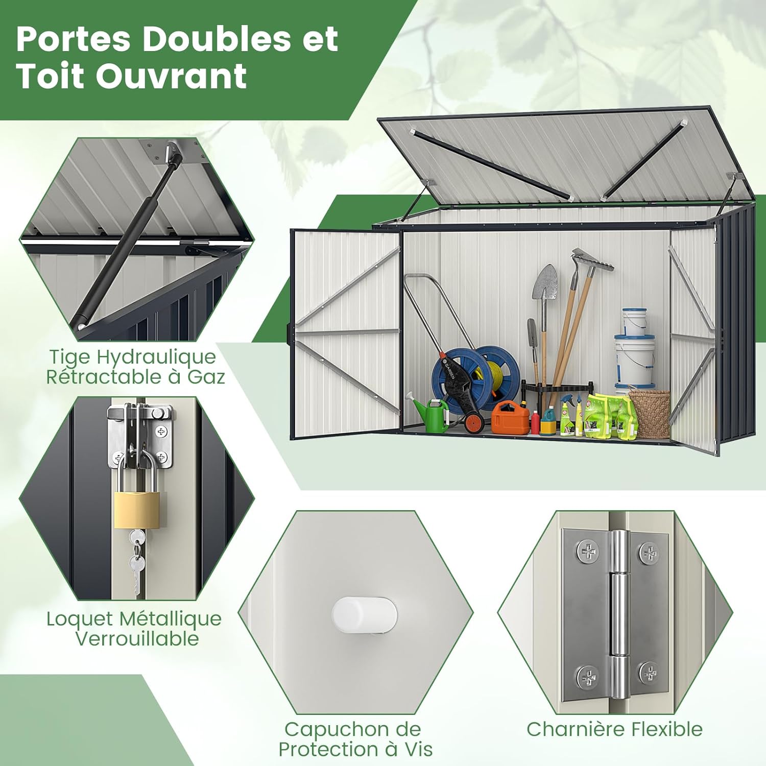 COSTWAY Abri de Jardin en Métal Galvanisé 1,9 M³, Cabane de Jardin Exterieur avec Double Porte Verrouillable, Couvercle Rabattable, Vérin à Gaz Hydraulique, Cache Poubelle pour Vélo, Outils
