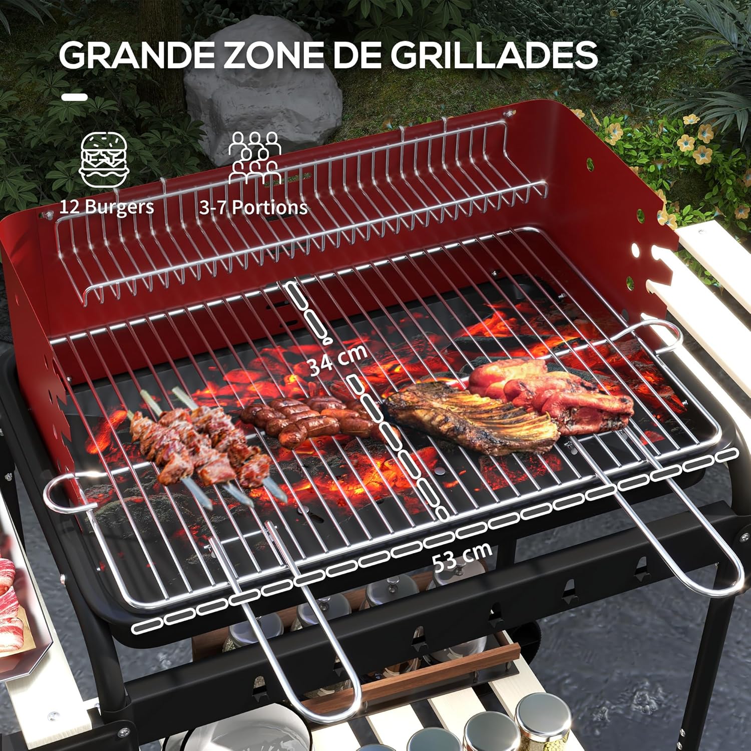 Outsunny - barbecue à charbon sur pied - 103x47x95cm - gril réglable, 2 roues, 3 étagères, bac à cendres