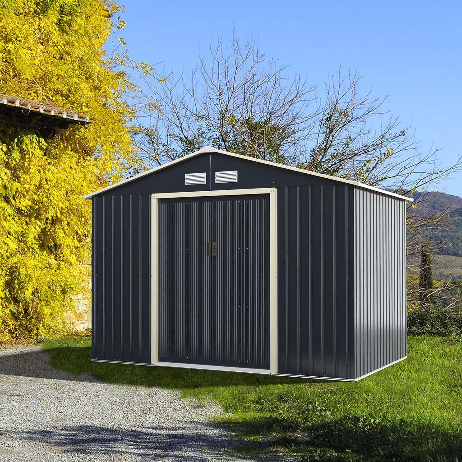 COSTWAY Abri de Jardin en Métal 5.2㎡ avec 2 Portes Coulissantes Verrouillables, Cabane Jardin Rangement 4 Trous d’Aération Toit Penché, pour Vélo, Poubelle, Gris (277,5 x 191 x 202,5cm)
