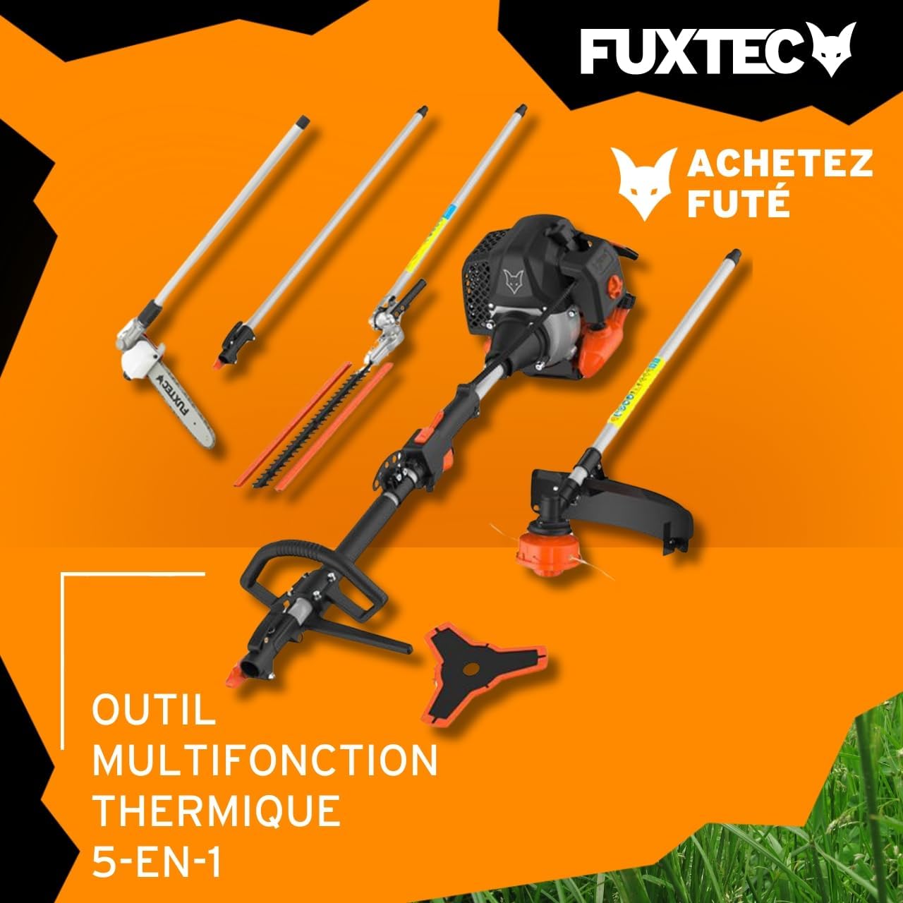 Fuxtec Débroussailleuse Thermique Multifonction 5en1 Multitool FX-MT252ER Easy Starter 3CV 52 cm³, Moteur 2 Temps, Élagueuse Inclinable Taille Haie Coupe Bordure avec Fil ou Lame 1 Mètre Rallonge
