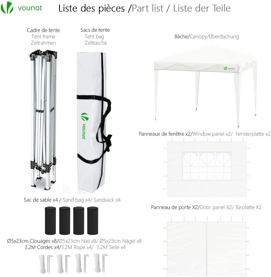 VOUNOT - tonnelle pliante 3x3m - 4 côtés, sacs sable, blanc