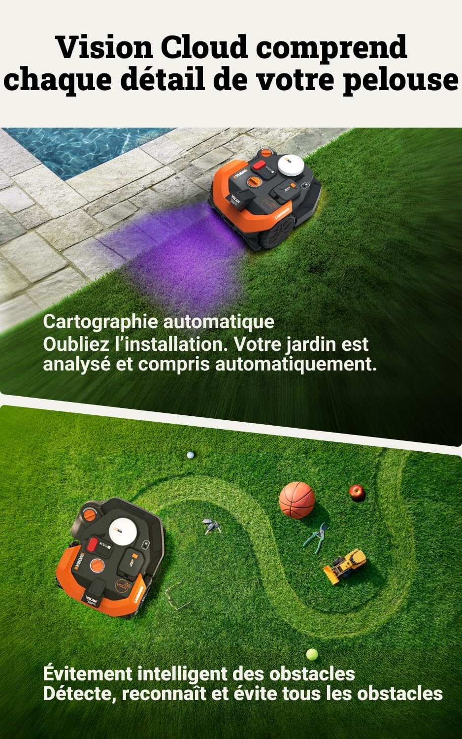 WORX - Robot tondeuse Vision Cloud série - 800m² - IA, VSLAM/RTK, cartographie auto, WR308E