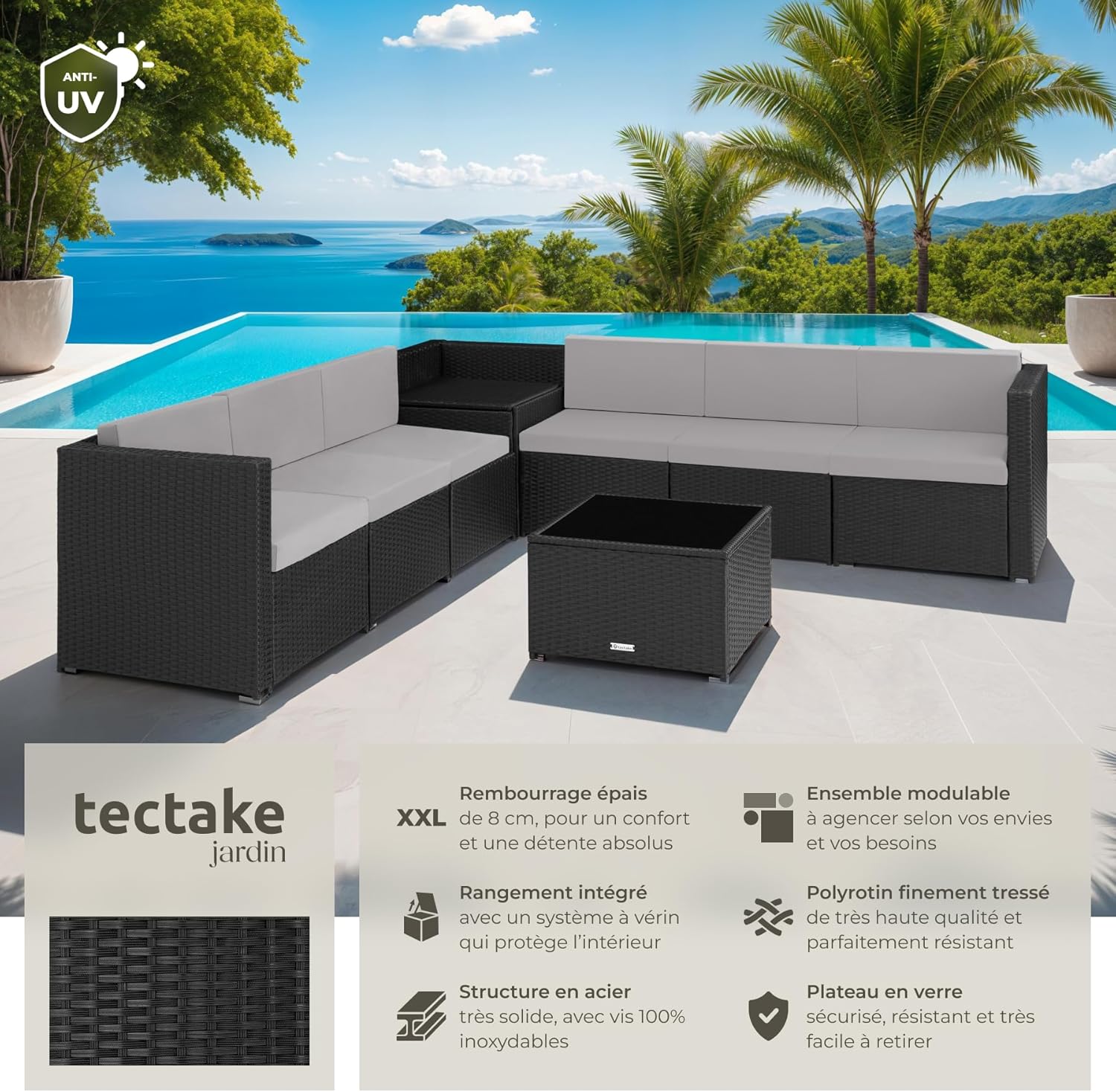 tectake - salon de jardin modulable 6 places - résine tressée, table verre, coffre rangement - 198x130x70 cm