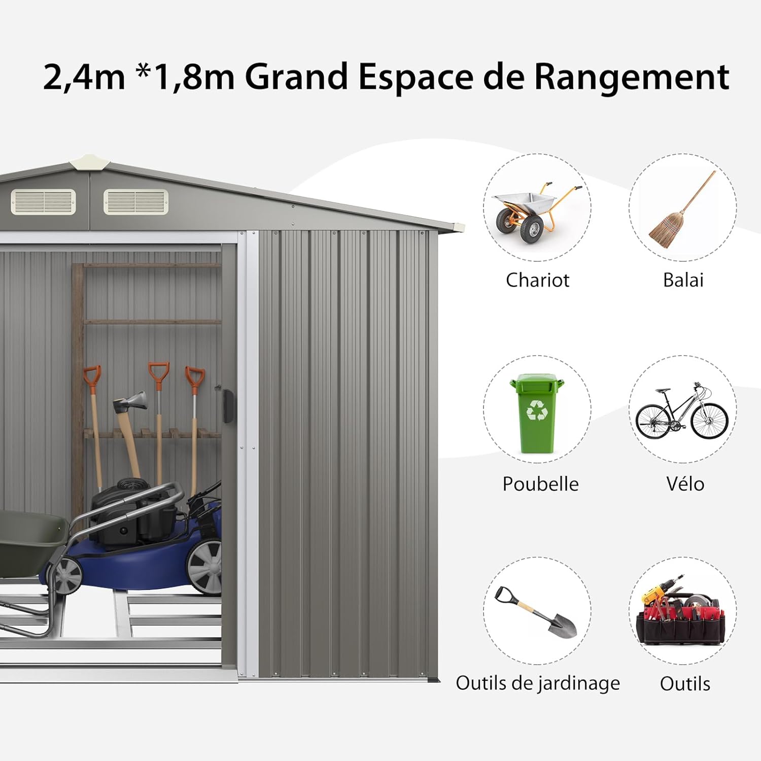 COSTWAY Abri de Jardin 4.7㎡en Acier Galvanisé Anti-UV, 260 x 207 x 181 CM, Cabane de Jardin Exterieur 9.7 m³ avec Fondation et Porte Coulissante, Rampe, 4 Trous d’Aération, 4 Gants Inclus, Gris
