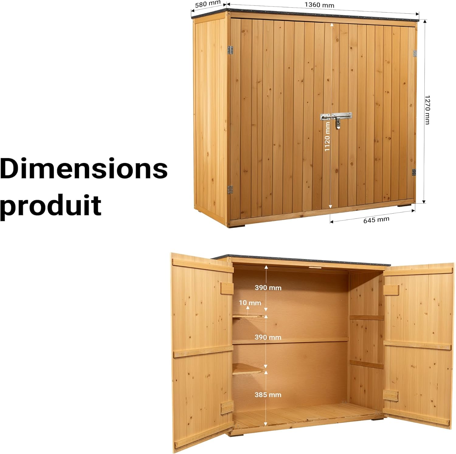 Wiltec Abri de Jardin – 1360 x 580 x 1270 mm – en Bois Verni – avec Toit revêtu par PVC et 2 Portes – Cabane Remise pour Rangement Outils pour Jardin, Terrasse & Balcon