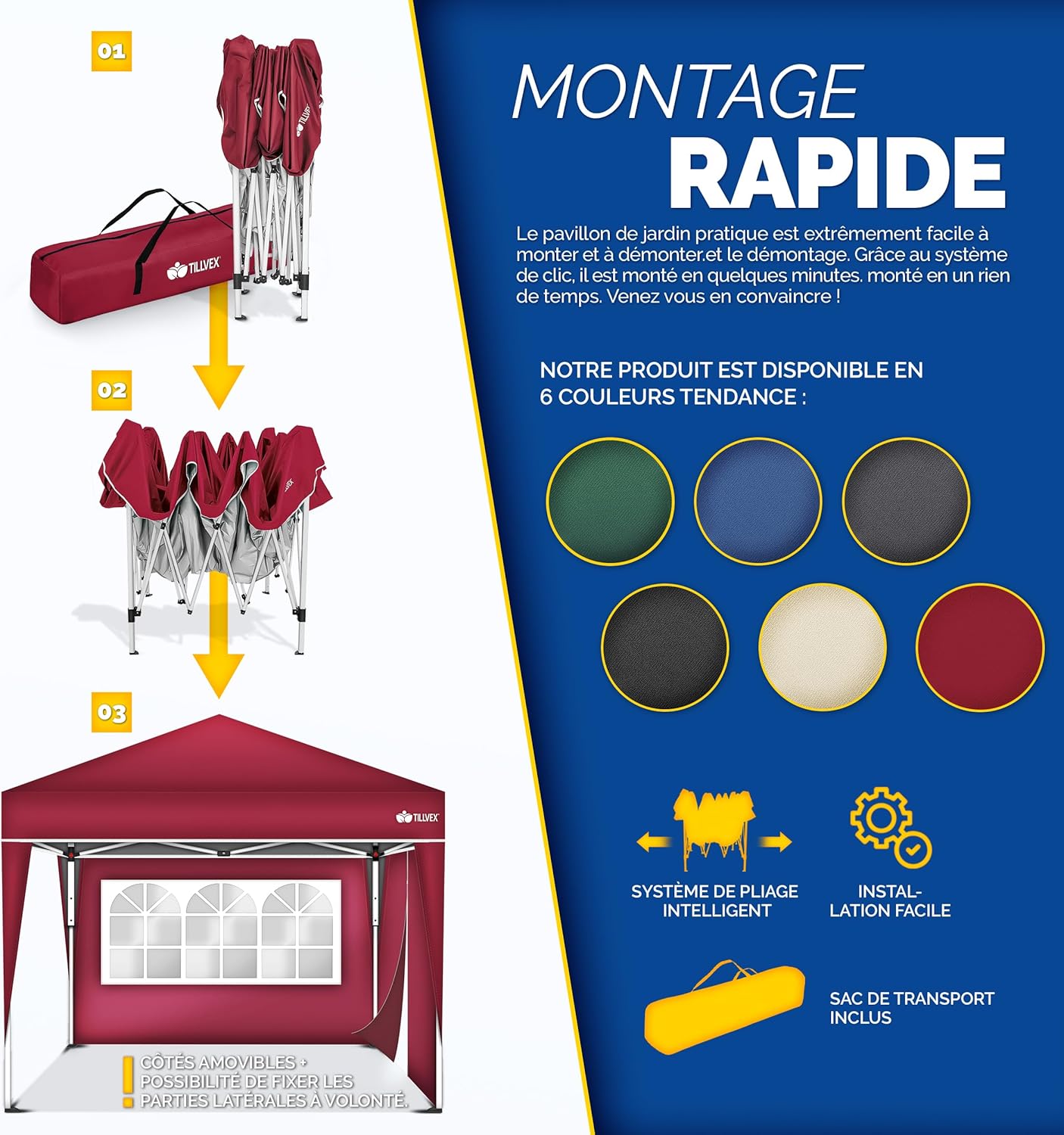 tillvex - tonnelle pliante 3x3m - 2 côtés, réglable, UV50+, sac inclus