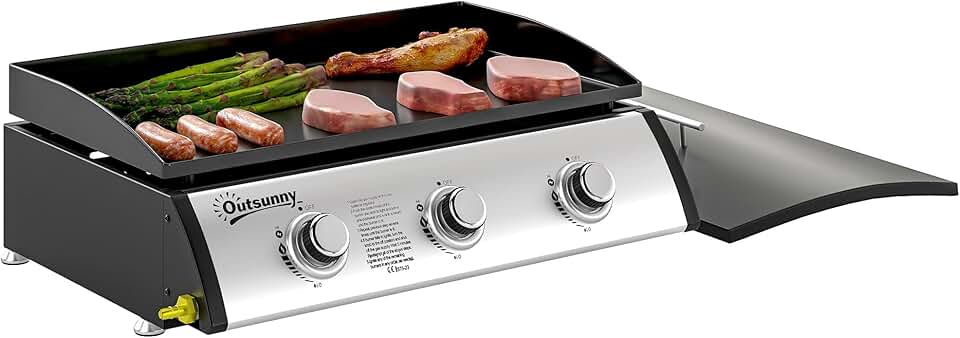 Outsunny - Plancha gaz 3 brûleurs, 61x35,5cm, couvercle, portable, 7,5kW
