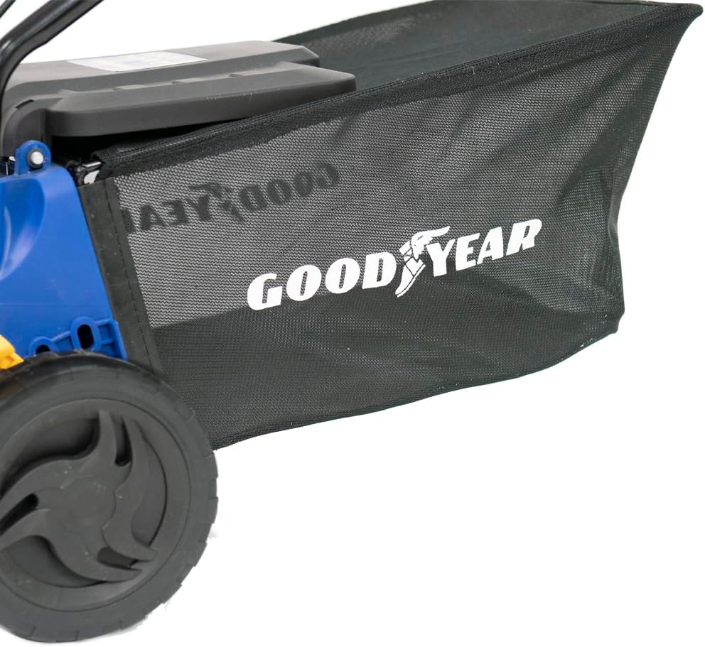 Goodyear - Tondeuse à Gazon Électrique Filaire 1200W, Largeur de Coupe 32cm, Hauteur Réglable (3 Positions), Bac de Ramassage 30L, Idéal pour Petits Jardins et Pelouses, Légère et Compacte