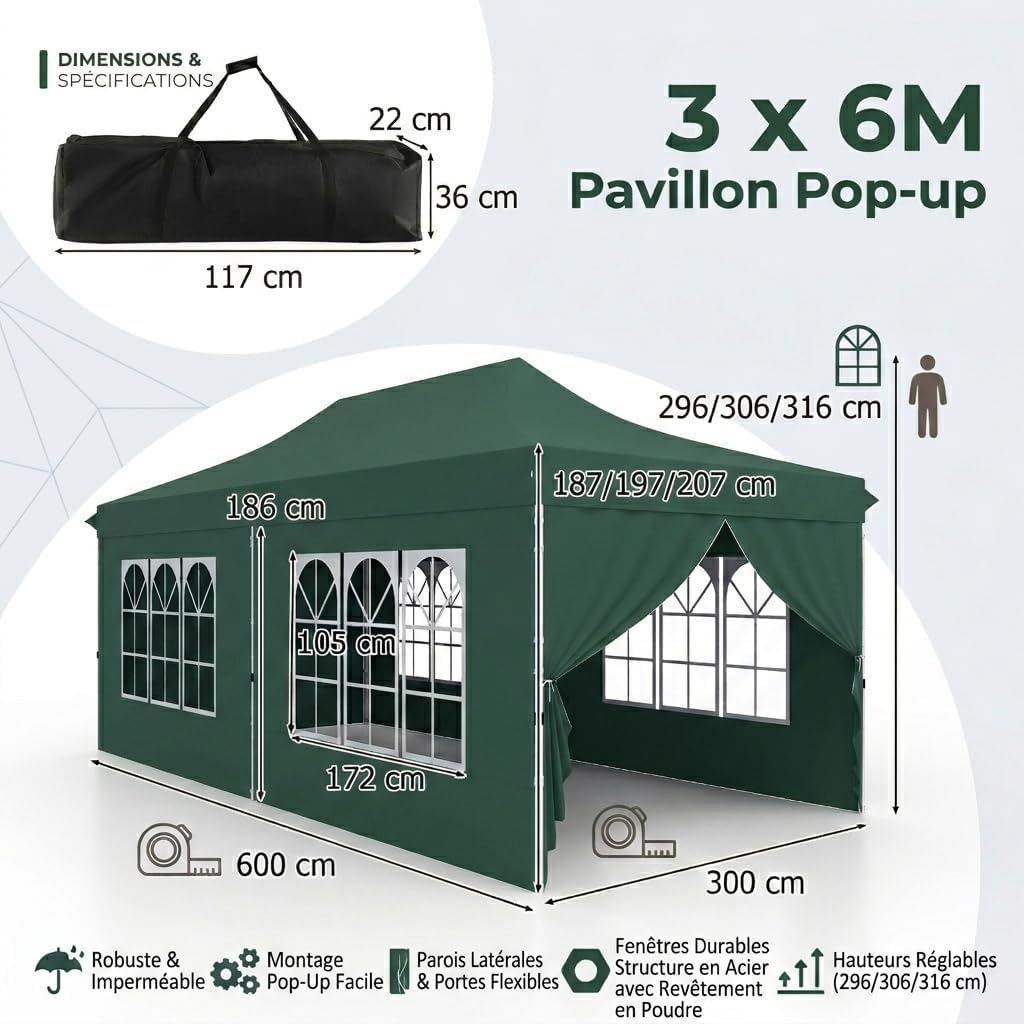 GOPLUS - tonnelle pliante 3x6m, imperméable, 6 bâches, sac transport