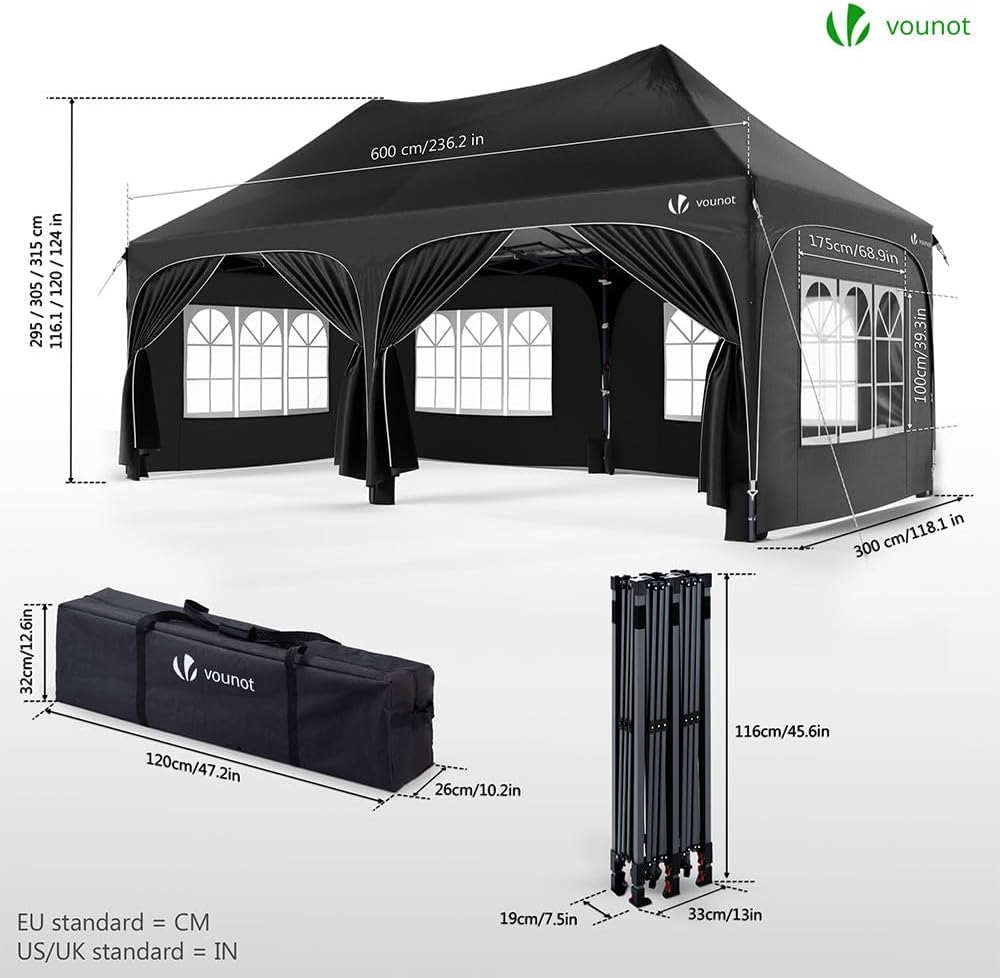 VOUNOT - Tonnelle Série Extérieure - 3x6m - Imperméable, 6 parois, anti-UV, sacs de sable