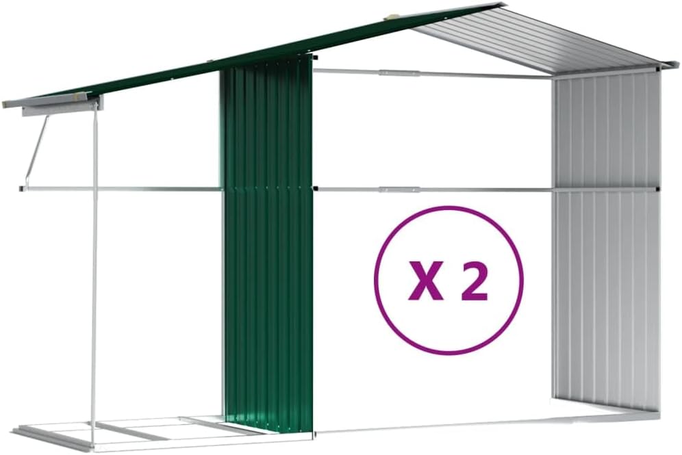 Abri de jardin en acier galvanisé - 277 x 279 x 179 cm - Vert - Avec support pour bois de chauffage et ouvertures d'aération - Pour outils de jardin - Rangement en extérieur