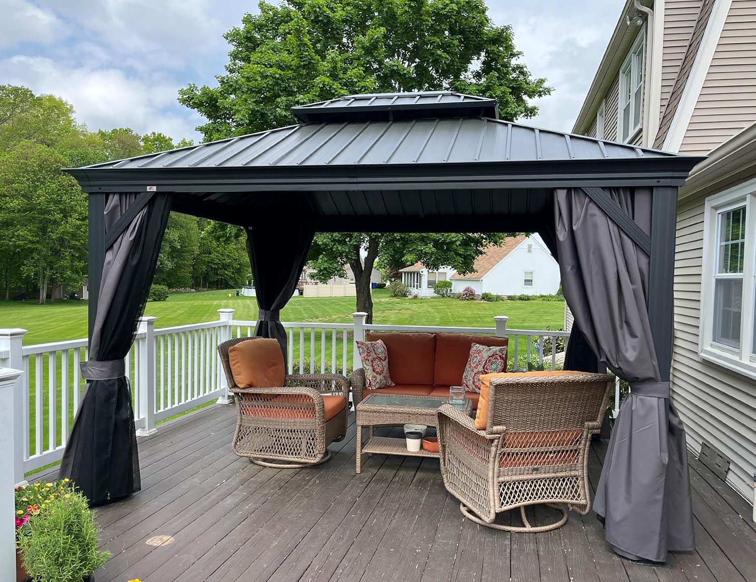 PURPLE LEAF - pergola double toit acier 4x3m, moustiquaire, rideaux