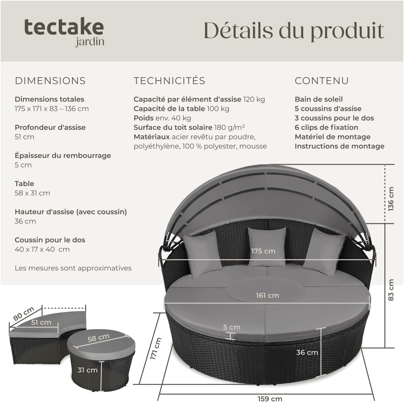 tectake - Bain de soleil modulable résine tressée, coussins, pare-soleil, dimensions relax pour jardin terrasse