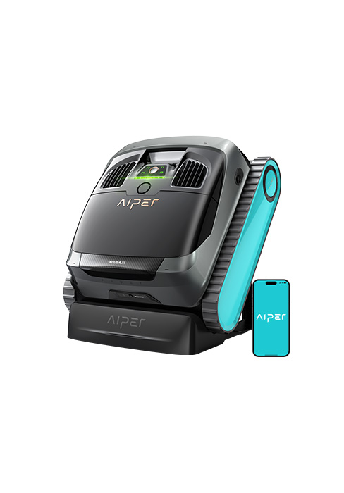 Appareil aspirateur robotique illustré en noir et turquoise/cyan avec module de commande et smartphone affichés à côté sur fond blanc.