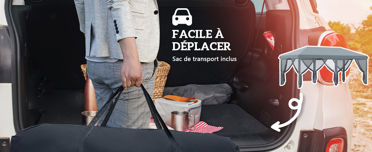 avec porte-gobelet, présentée en extérieur. Le texte « FACILE À DÉPLACER » suggère un transport