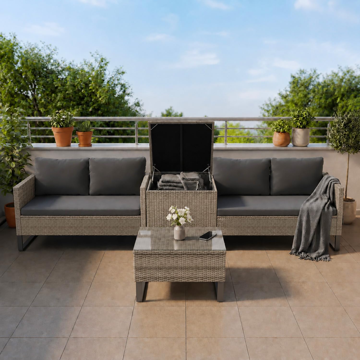Juskys - Coin Lounge Santorini - salon de jardin polyrotin, coffre, résistant - gris chiné
