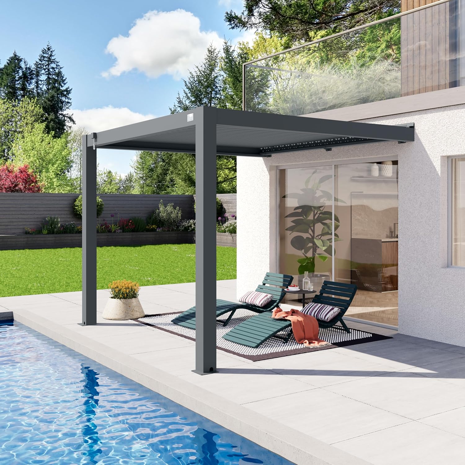 PRIMEYARD - pergola adossée, 3x3 m, aluminium, lames orientables, anthracite