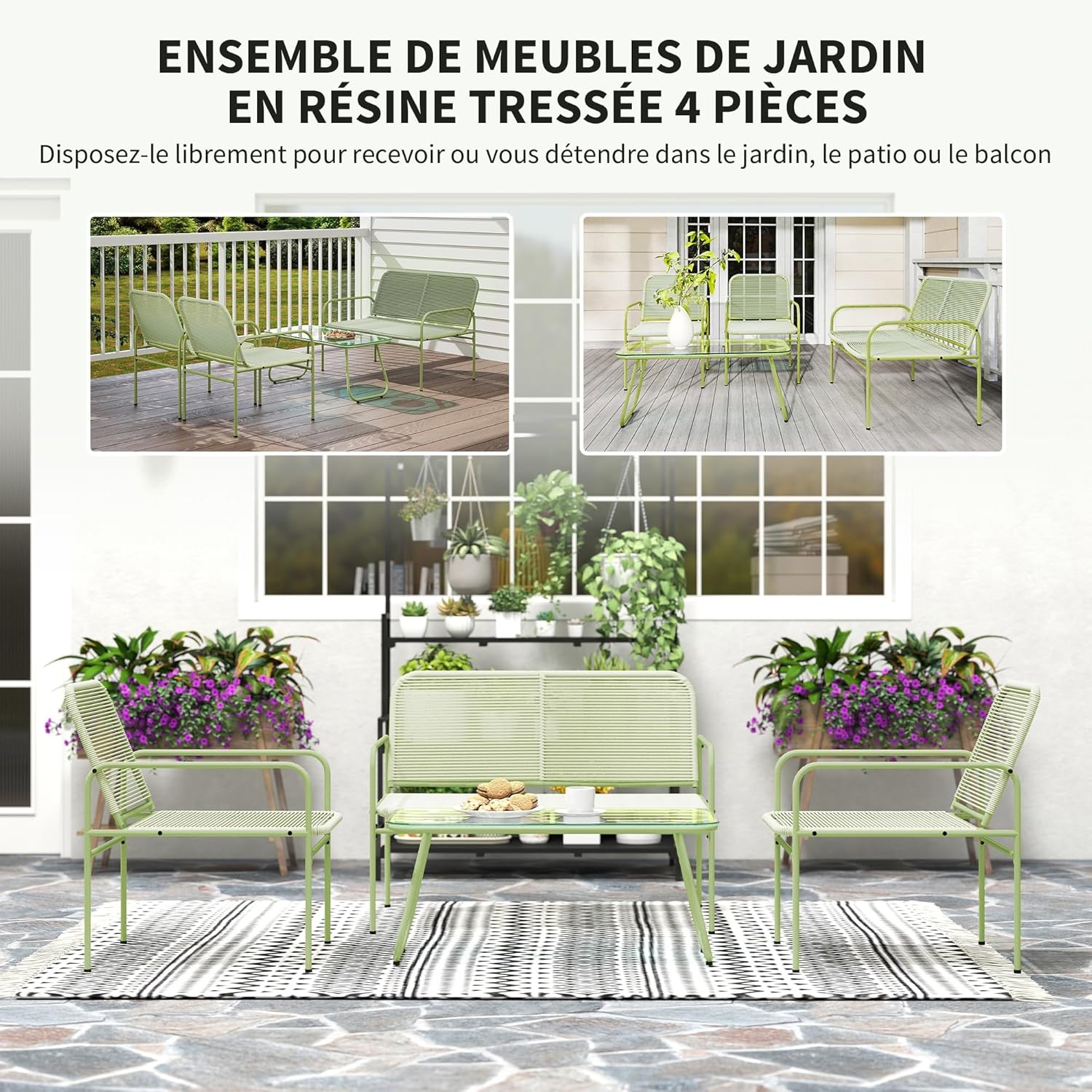 Outsunny - salon de jardin 4 places acier résine vert - canapé, fauteuils, table