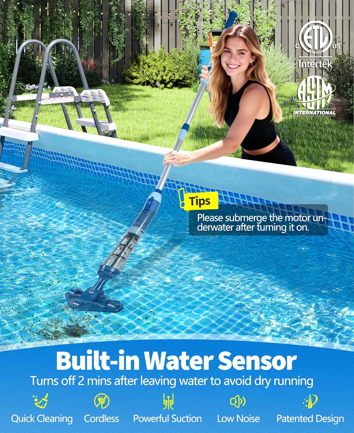 PoolLeader - Aspirateur piscine sans fil - 2,13m - 60L/min, 90min autonomie