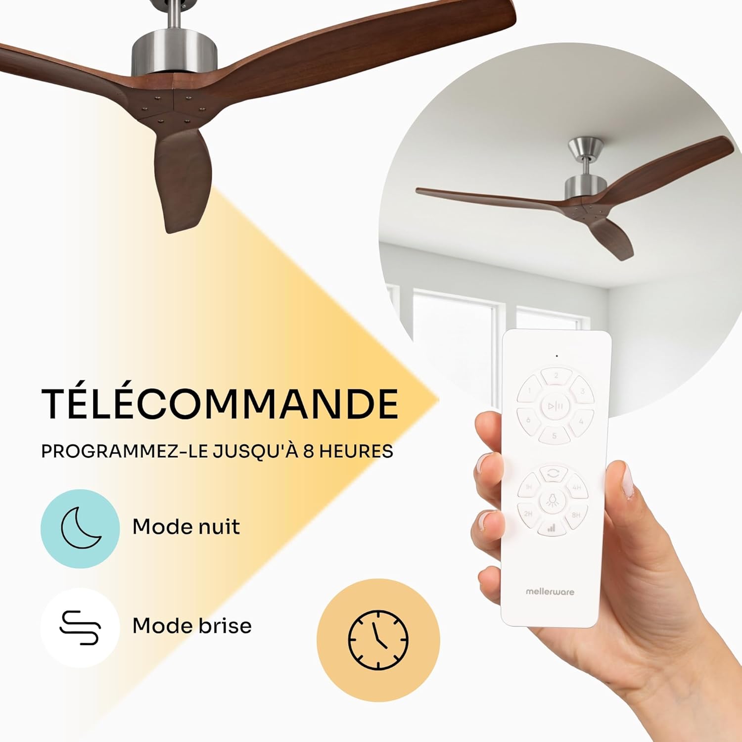 Mellerware - Ventilateur de plafond avec télécommande Brizy! 45W | Puissant | Ultra silencieux | 3 lames | Diamètre 132cm | 6 vitesses | Refroidissement + LED intégrée | Bois foncé