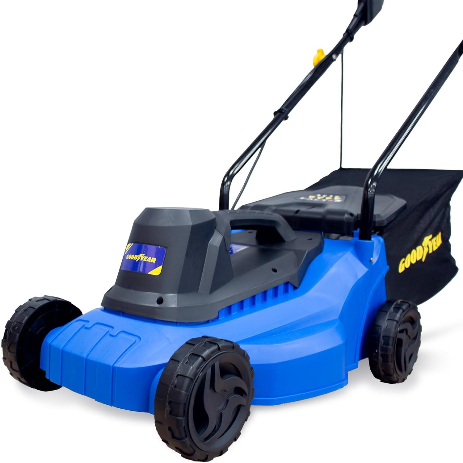 Goodyear - Tondeuse à Gazon électrique 1200W, Largeur de Coupe 32 cm, Hauteur réglable 25/45/65 mm, Sac 35L, Moteur 3300 TR/Min, légère et compacte, Non automotrice, idéale pour Les Petits Jardins