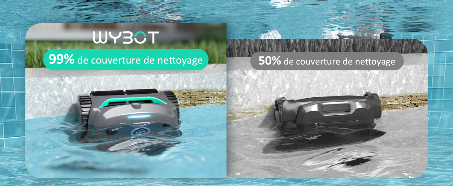 Deux tondeuses à gazon robotisées côte à côte. Tondeuse laissée dans l'eau avec le texte « 99 % de couverture de nettoyage ». Tondeuse droite sur surface sèche avec le texte « 50 % de couverture de nettoyage ».