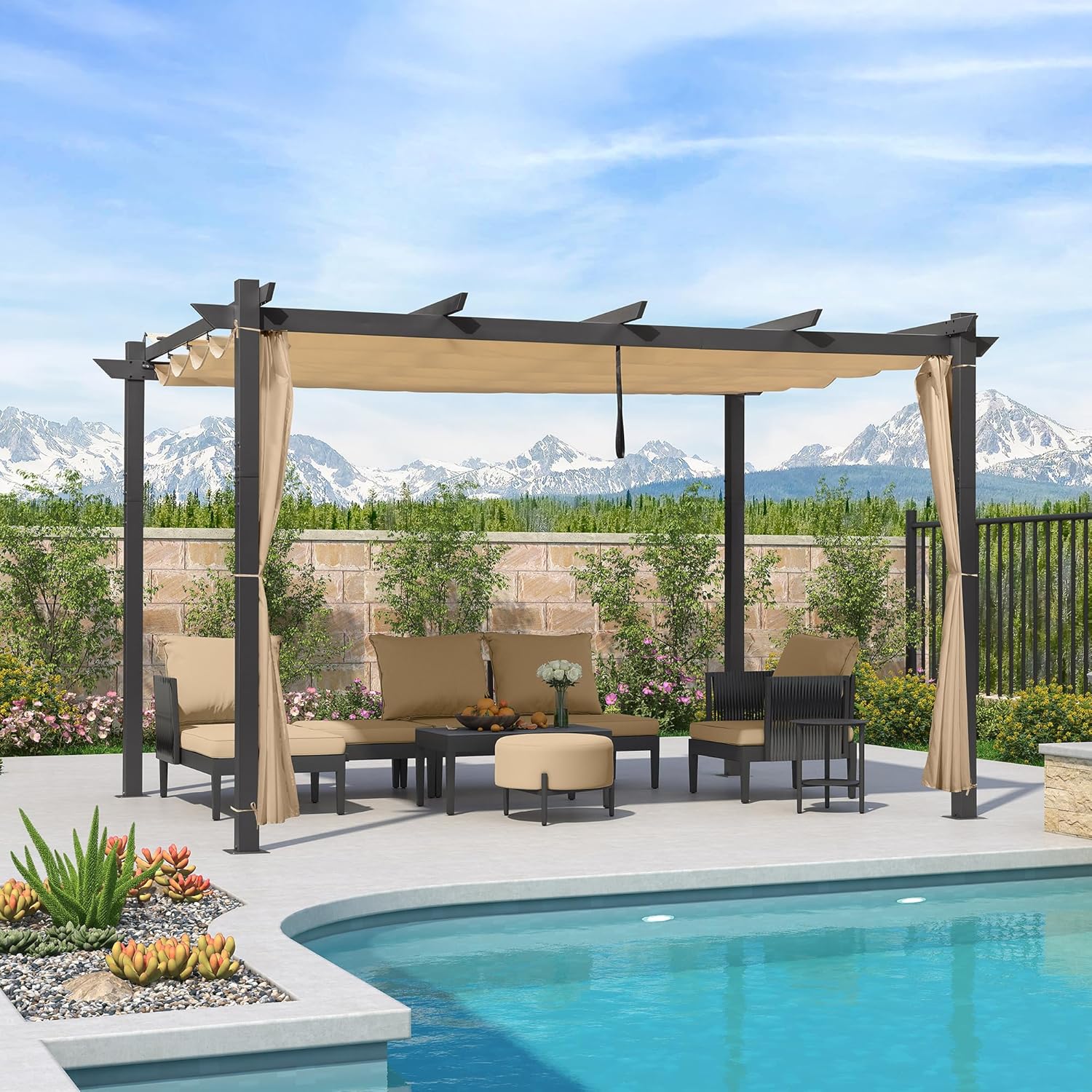PURPLE LEAF - pergola aluminium - 4x3m - rideau, toit rétractable, kaki