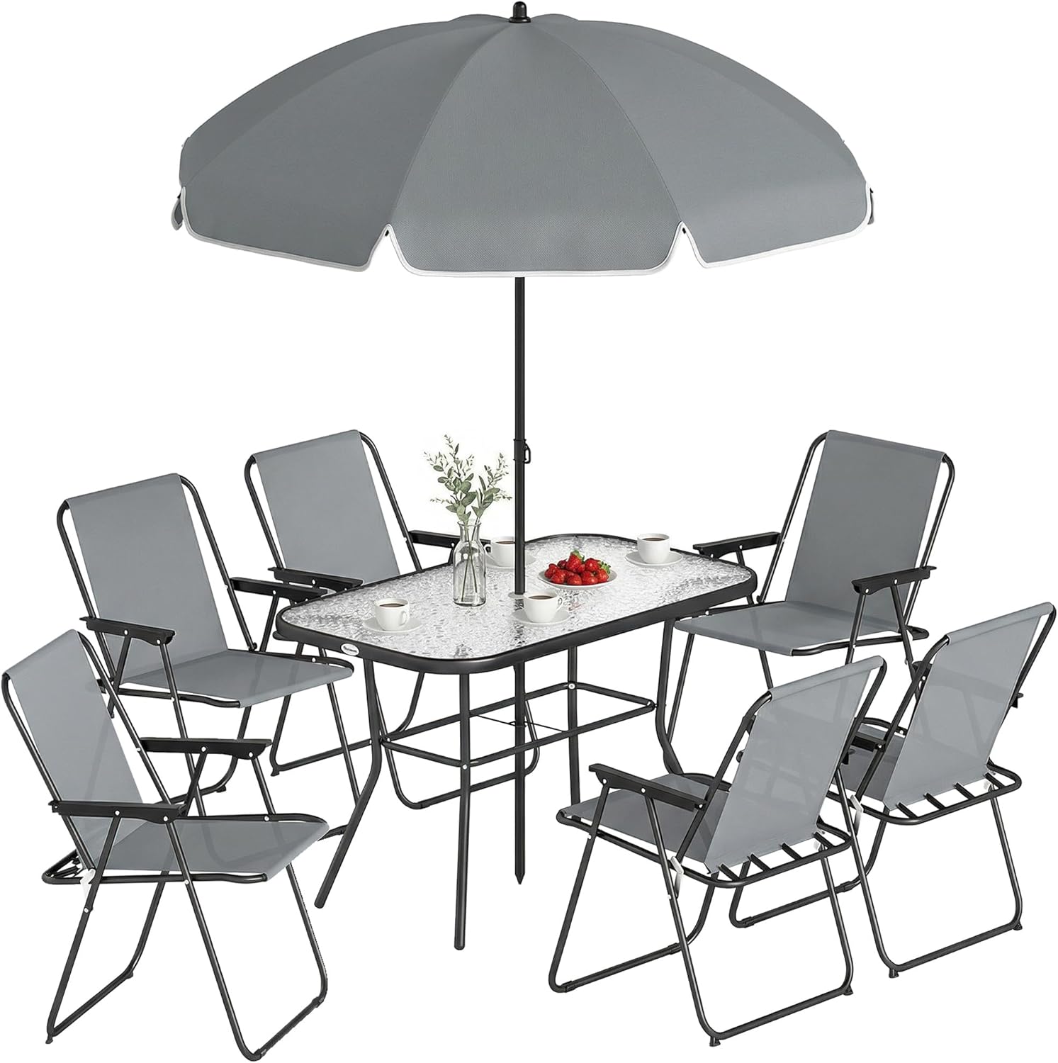 Outsunny - salon de jardin 8 pièces, table verre trempé, acier antirouille, chaises pliantes, parasol, Gris