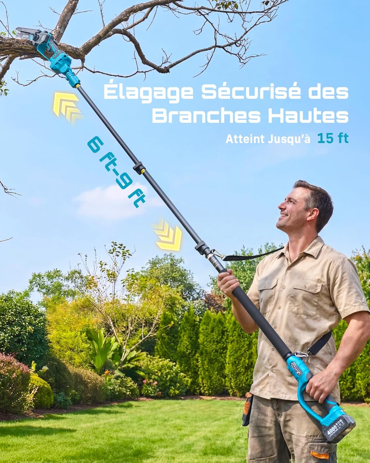 SEESII P6 Combo 6 Pouces Mini Tronconneuse avec Perche & 33 mm Secateur Electrique, 4-en-1 Ensemble d’Outils de Jardin avec 2 * 4000 mAh Batteries, Portée Maximale Jusqu’à 4,57 m