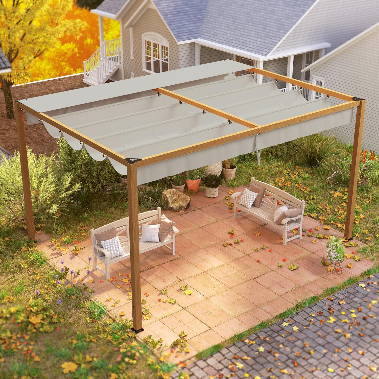 Outsunny - Pergola aluminium série bois naturel - 4x3m - toit rétractable, drainage intégré