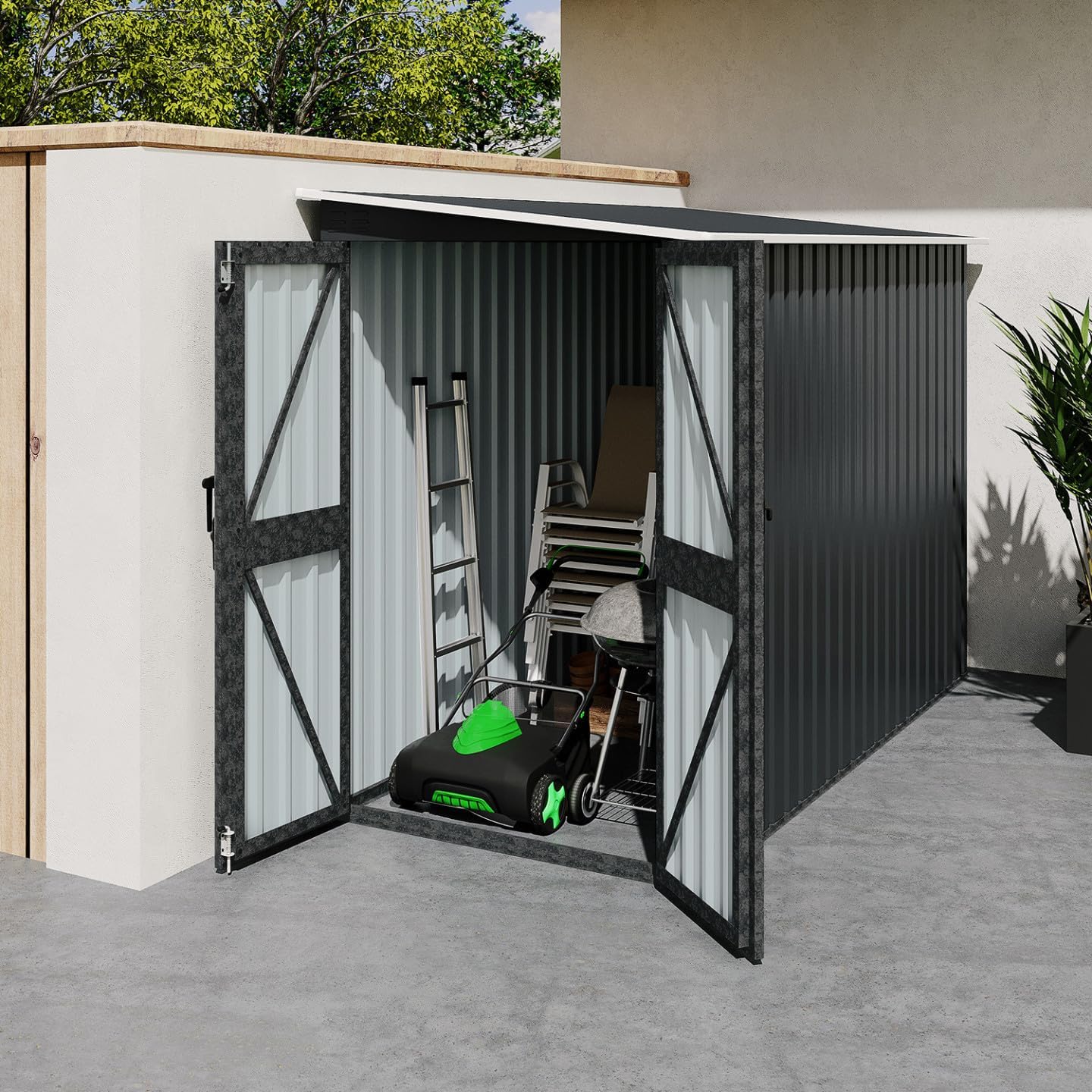 IDMarket - Abri de Jardin adossé 3 m² Gris en Acier galvanisé avec Base Double Porte latérale