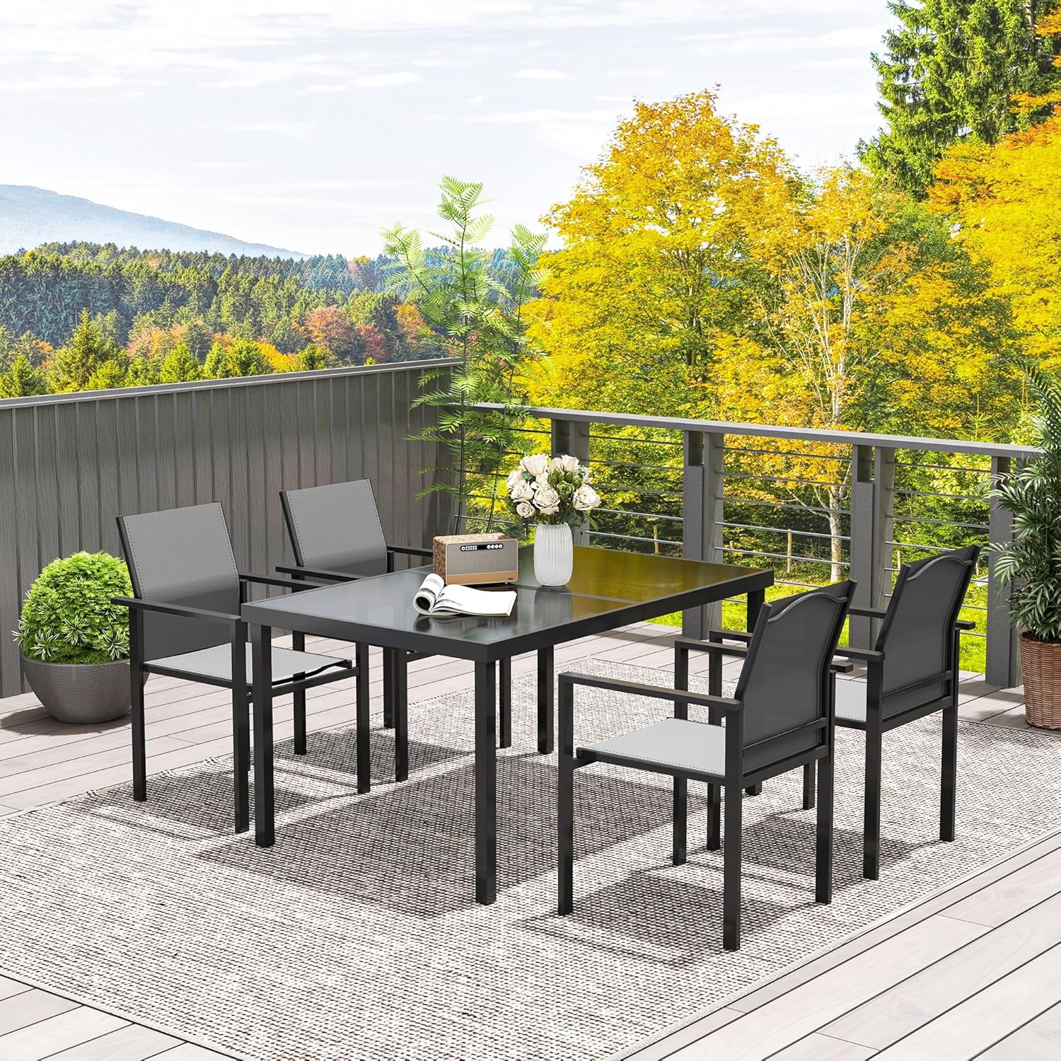 Outsunny - salon de jardin extérieur 4 places - table verre 140 cm, chaises empilables, noir