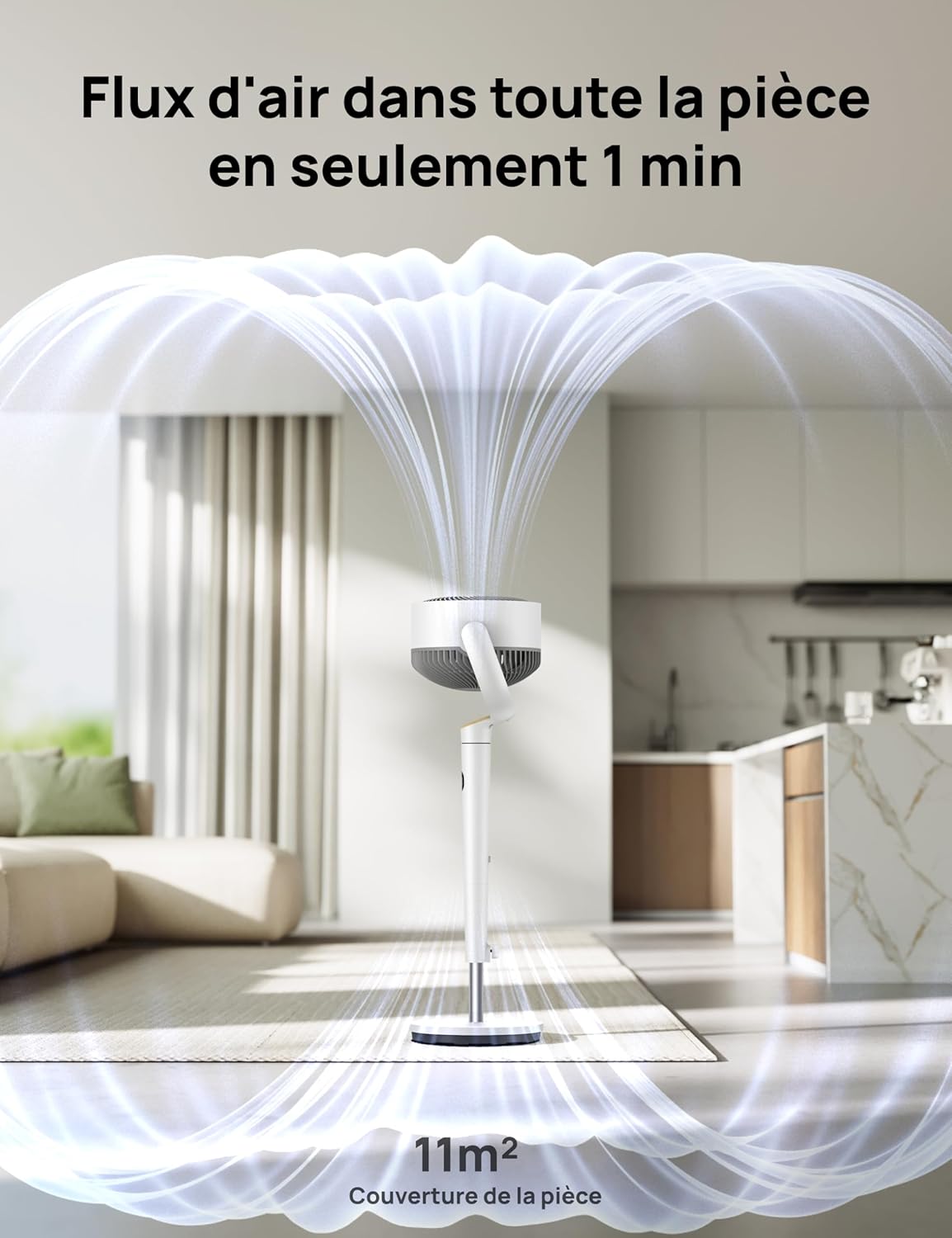 DREO Ventilateur de pièce, ventilateur oscillant 120°+120°, moteur DC, circulation d’air jusqu’à 30 m pour toute la pièce, 9 vitesses, 4 modes, ventilateur sur pied silencieux, 20 dB.