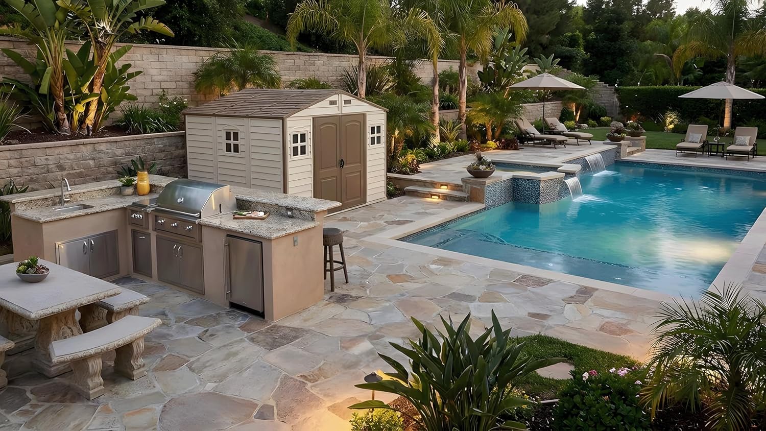 Duramax WoodSide 10 x 8 (7.64 m²) Abri de jardin en plastique avec 3 fenêtres fixes et kit de fondation en métal, structure de toit en métal robuste, ignifuge et sans entretien - Ivory/Brown