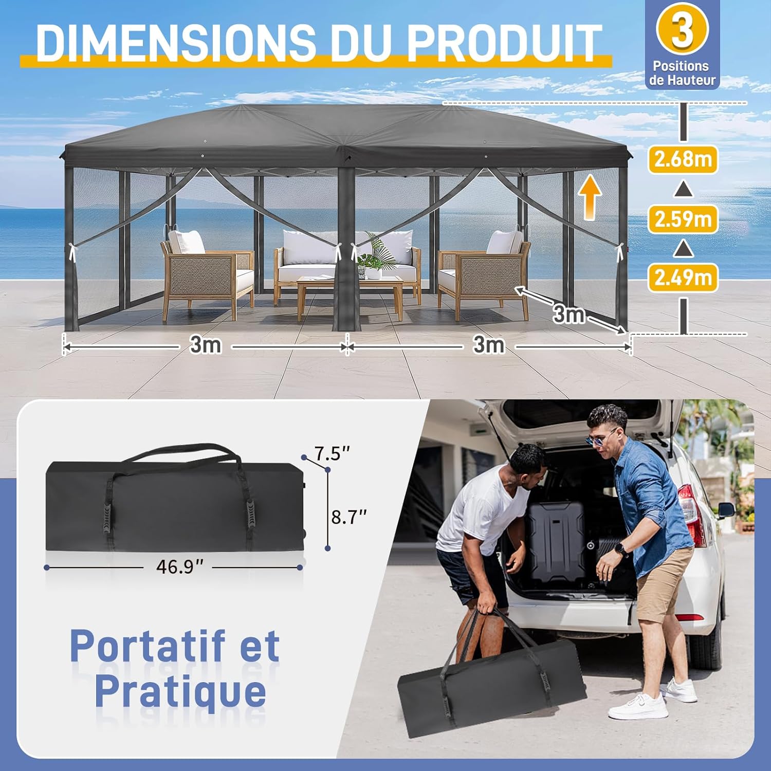 LEADZM Tonnelle Pliable 3x6 m Imperméable Anti-UV 50+, Hauteur Ajustable avec 6 Moustiquaires, Structure Stable, pour Jardin, Terrasse, Camping Et Usage Professionnel,Anthracite