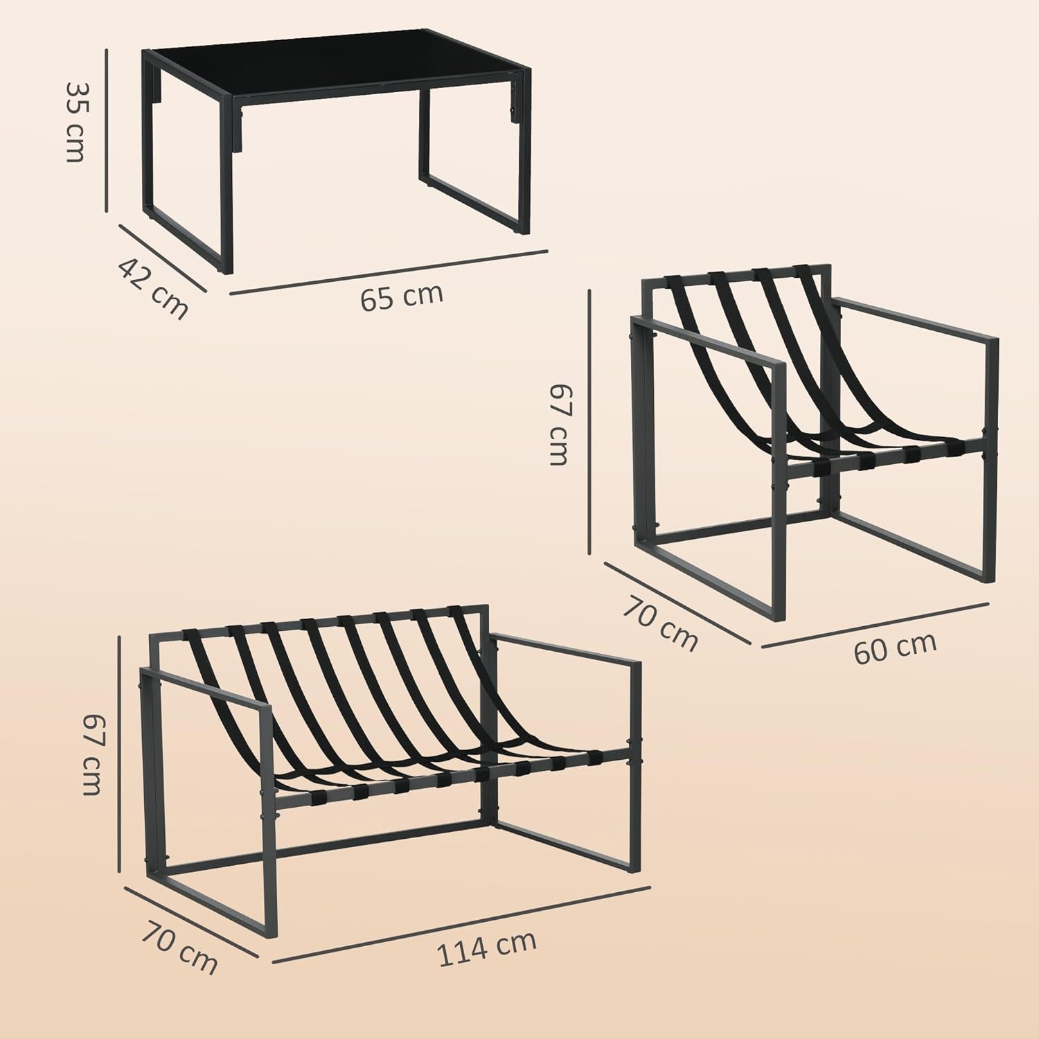 Outsunny - Salon de jardin 4p avec coussins 15cm - acier noir, canapé 2 places, table basse, fauteuils