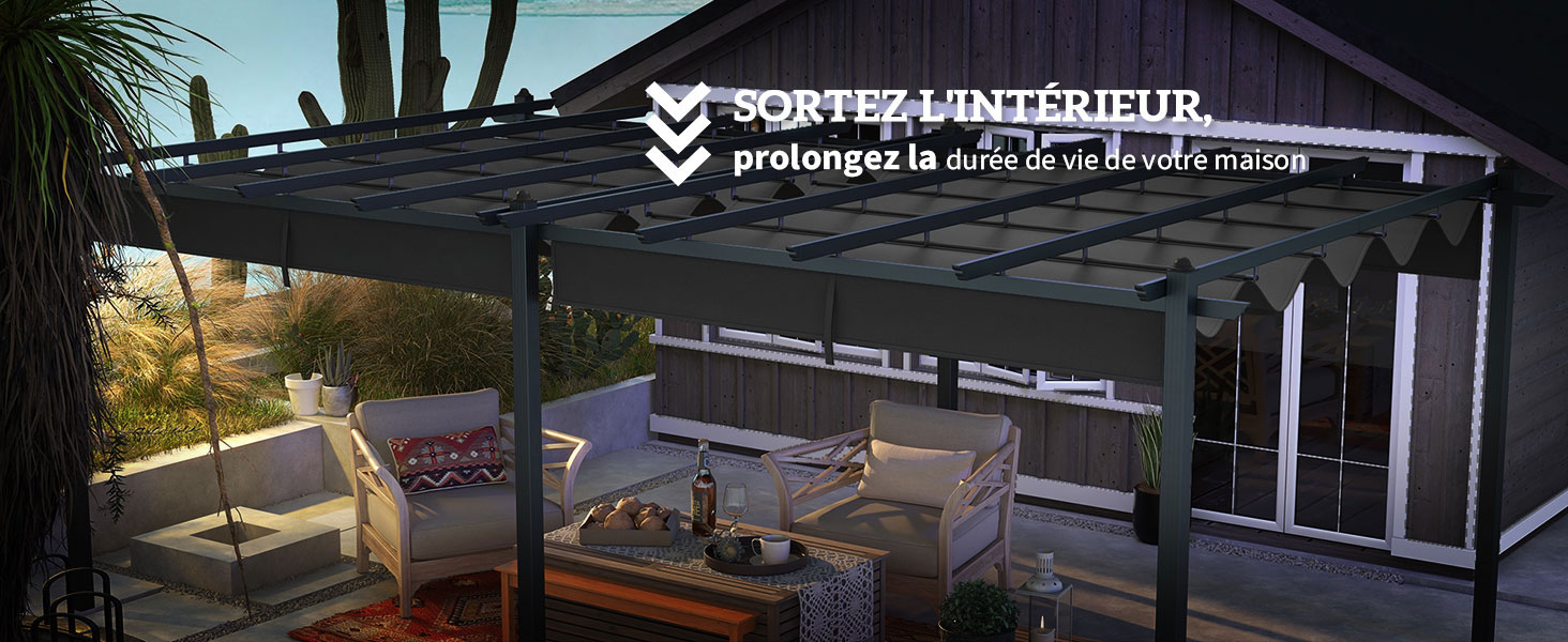 Terrasse extérieure avec pergola, mobilier blanc et coussins. Le texte en français suggère d'étendre la vie intérieure à l'extérieur.